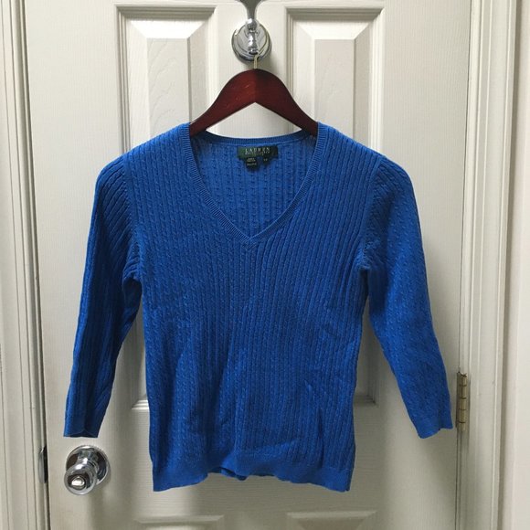 Ralph Lauren  V-Neck Cable Knit Blue Sweater Size P - Picture 1 of 7